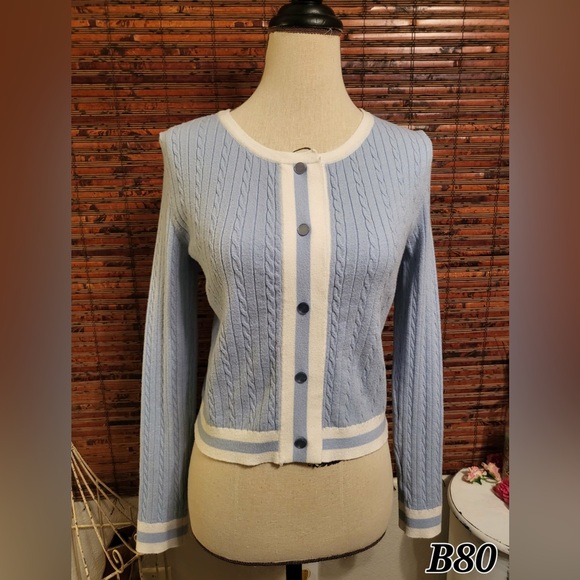 Freshman Light Blue and White Cable Knit Cardigan - Picture 1 of 4